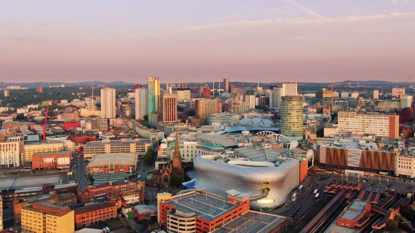 Birmingham city skyline at sunset